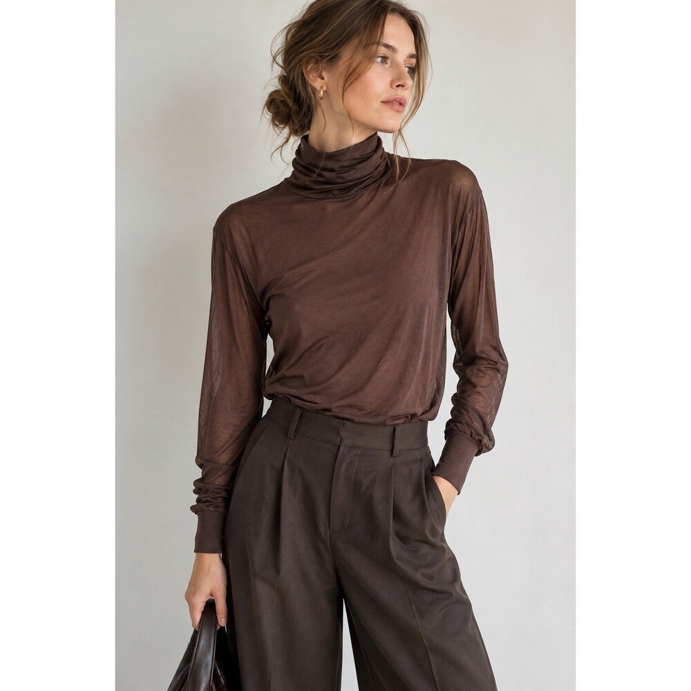 WinterSilks 100% Silk Turtleneck Top Women Small Brown Long Sleeve Sheer Luxury
